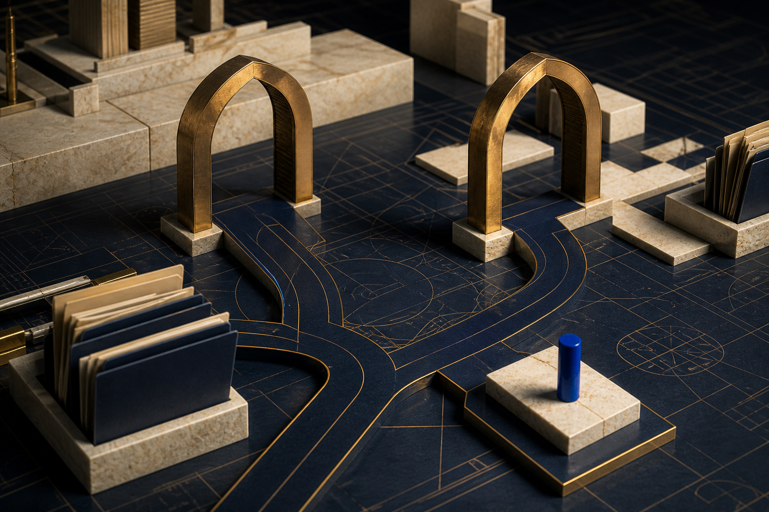 Abstract limestone arches with two brass-edged paths on a midnight background